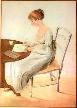Illustration of Jane Austen writing at a table